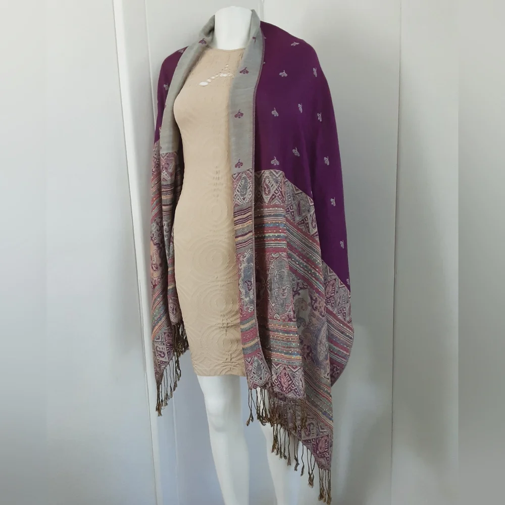 Water PASHMINA Purple | Gray Paisley Floral Wool | Silk Blend Shawl Sz 78